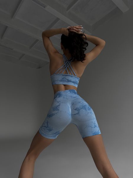 Женский бесшовный костюм Wizard, шорты с пуш-ап и топ со съемными чашечками - голубой XH03 фото